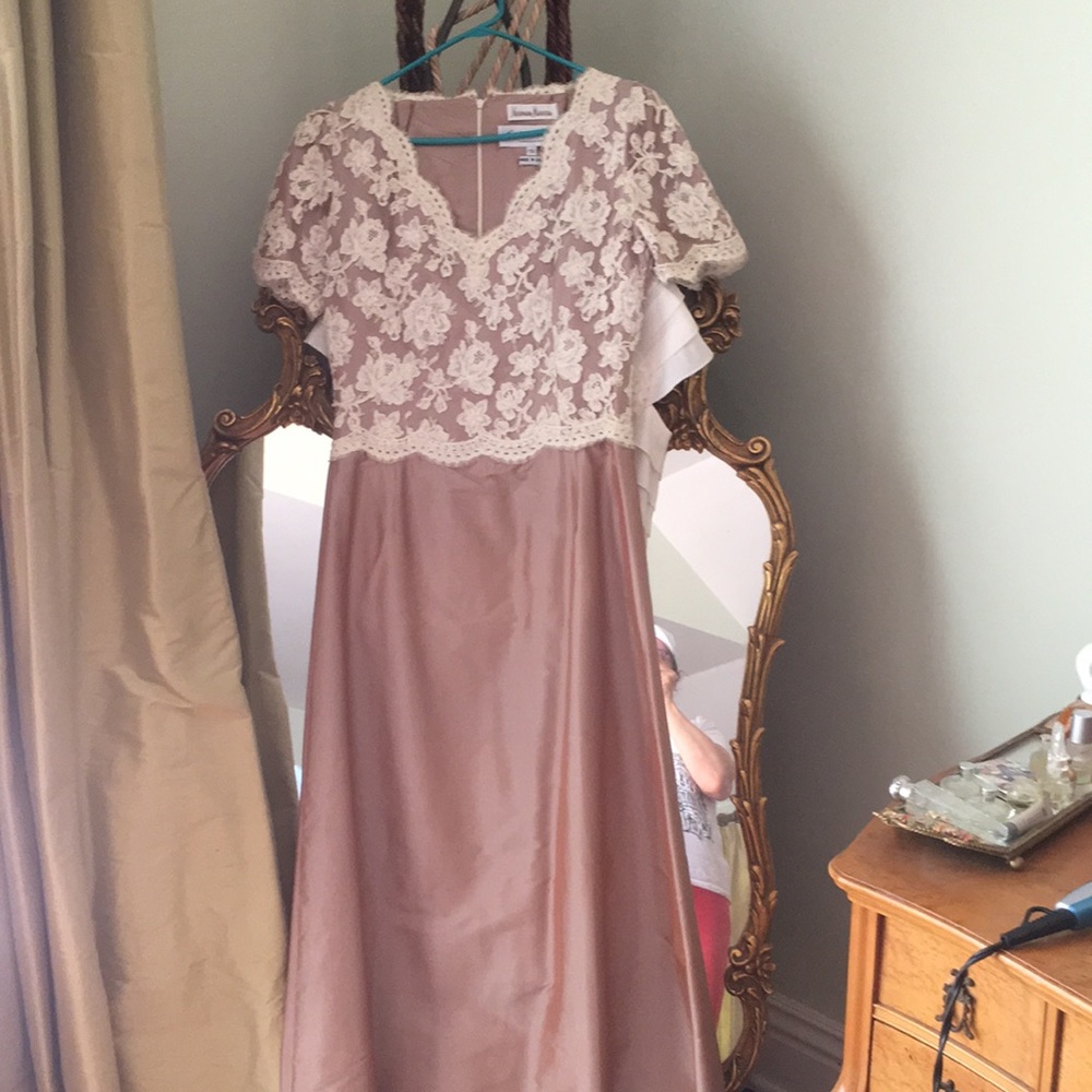 Long dress with lace on the top and silk bottom.